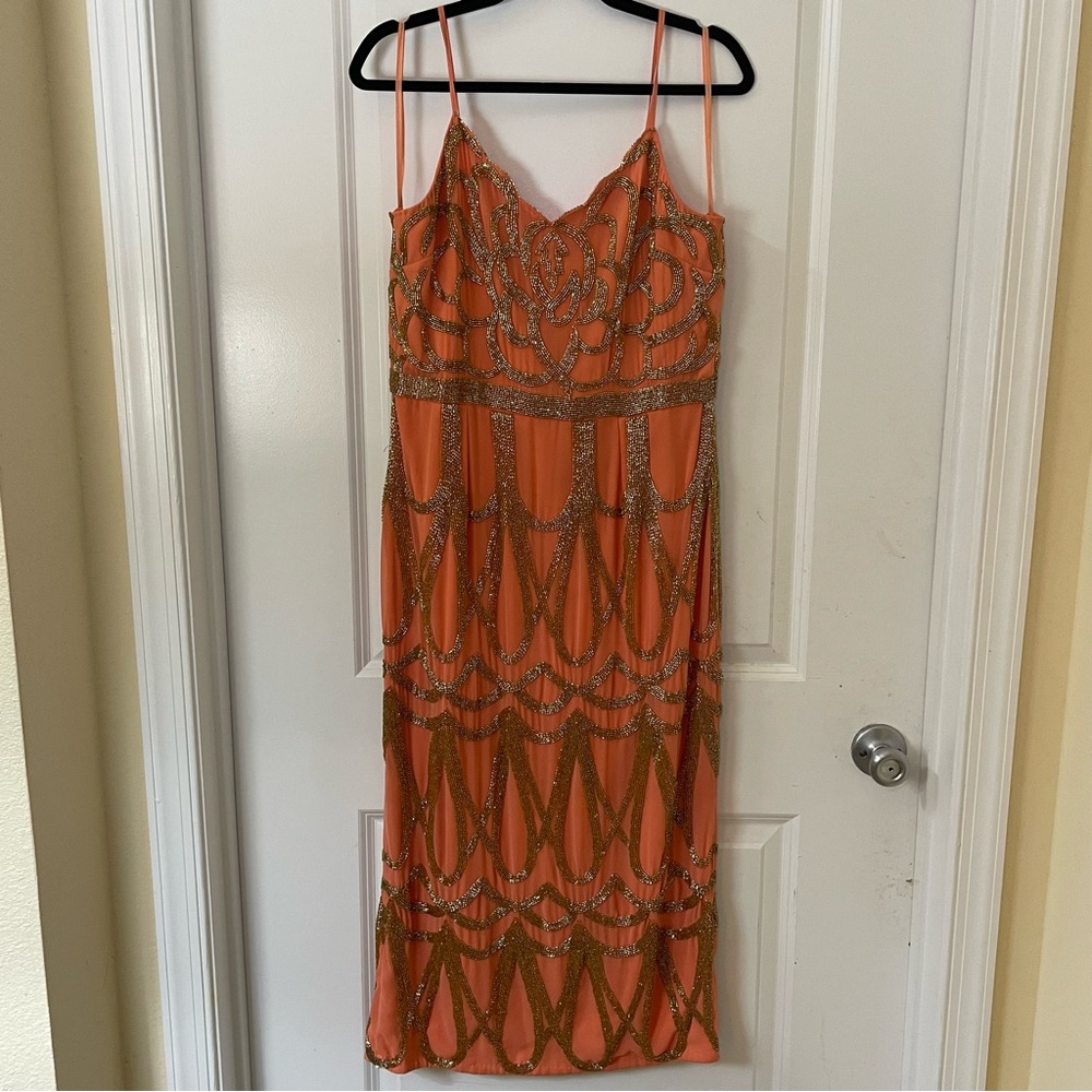 Virgo Lounge Art Deco Old Hollywood Glam Beaded Gown - Women Size 12 - Orange